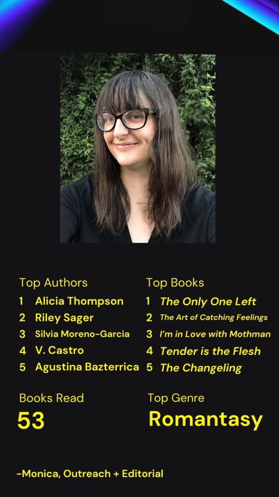 Image showing a photo of Monica and the stats of her top authors, top books, total books read, and favorite genre.