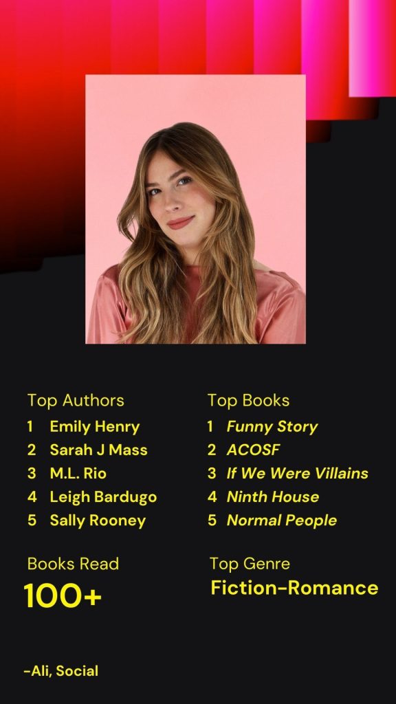 Image showing Ali's top 5 authors and books, plus total books read and favorite genre.