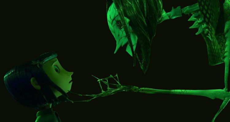 A grotesque skeletal woman with button eyes peers down at a young girl in Coraline.