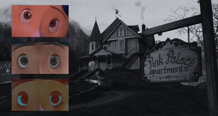 A series of claymation eyes on top of the image of a mansion in Coraline.