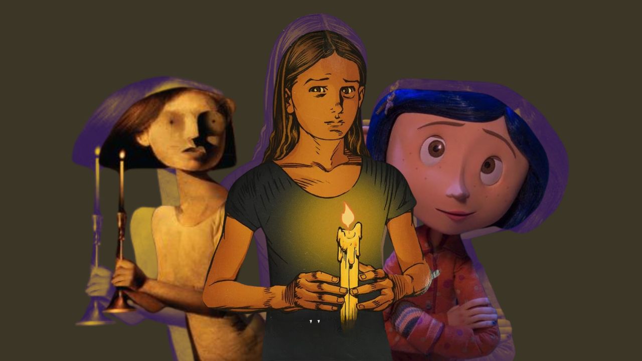 The original design of Coraline, the graphic novel design, and the claymation image.