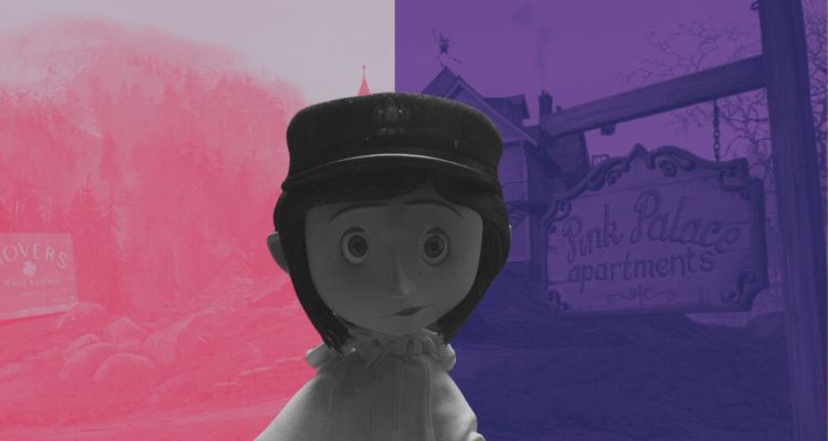 Coraline, in black and white, stands in front of a split color background.