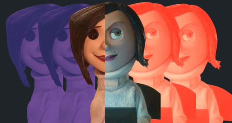 Other Mother and Mother from Coraline are split down the middle and echoed by colorful images of themselves.