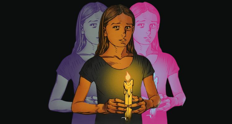 A young girl with a concerned look holds onto a candle.
