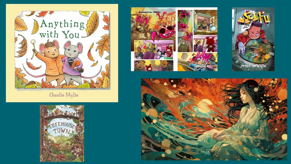 A compilation of vivid imagery from the works of Charlie Mylie to Yehudi Mercado on a teal background. A Japanese-style painting of orange and blue tides with a lady sitting amongst them is featured in the bottom right corner.