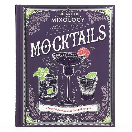 The book cover of The Art of Mixology Mocktails includes a tall glass of a vibrant drink in the center and two small glasses on each side accompanied by fruits, herbs, or ice cubes for a refreshing vibe. The colors are bold and inviting, such as deep greens, oranges, reds, and purples.