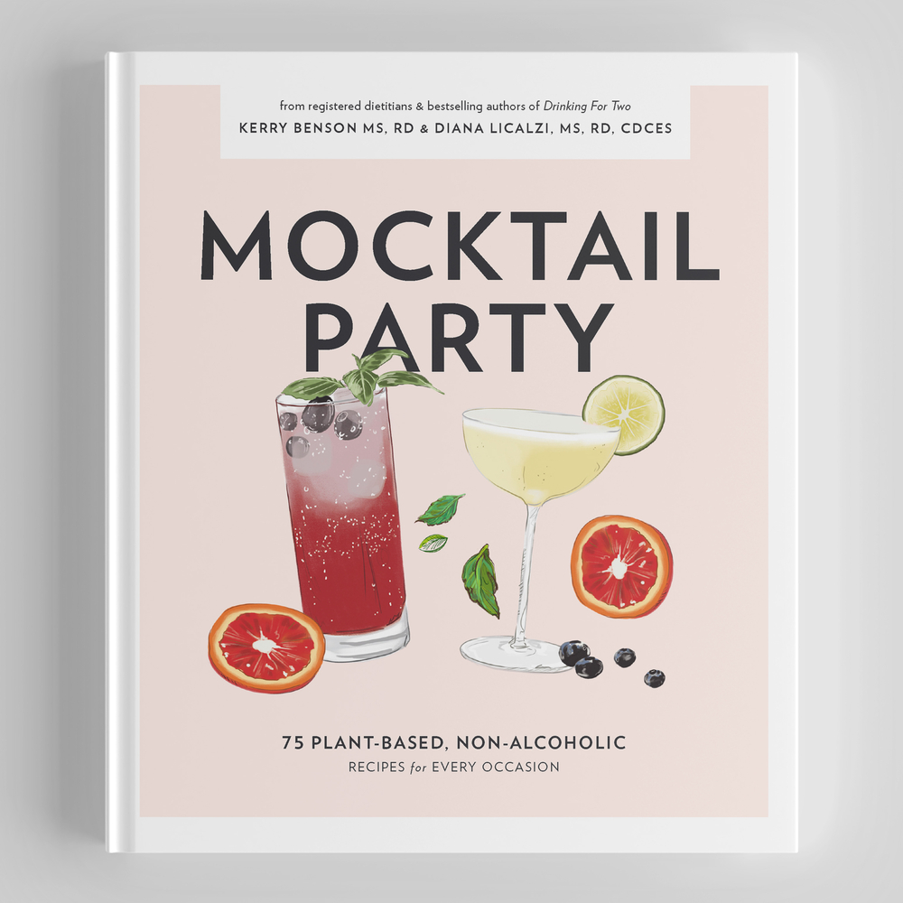 The book cover of Mocktail Party has a background that showcases vibrant illustrations of colorful, plant-based, non-alcoholic cocktails garnished with fresh fruits and herbs.