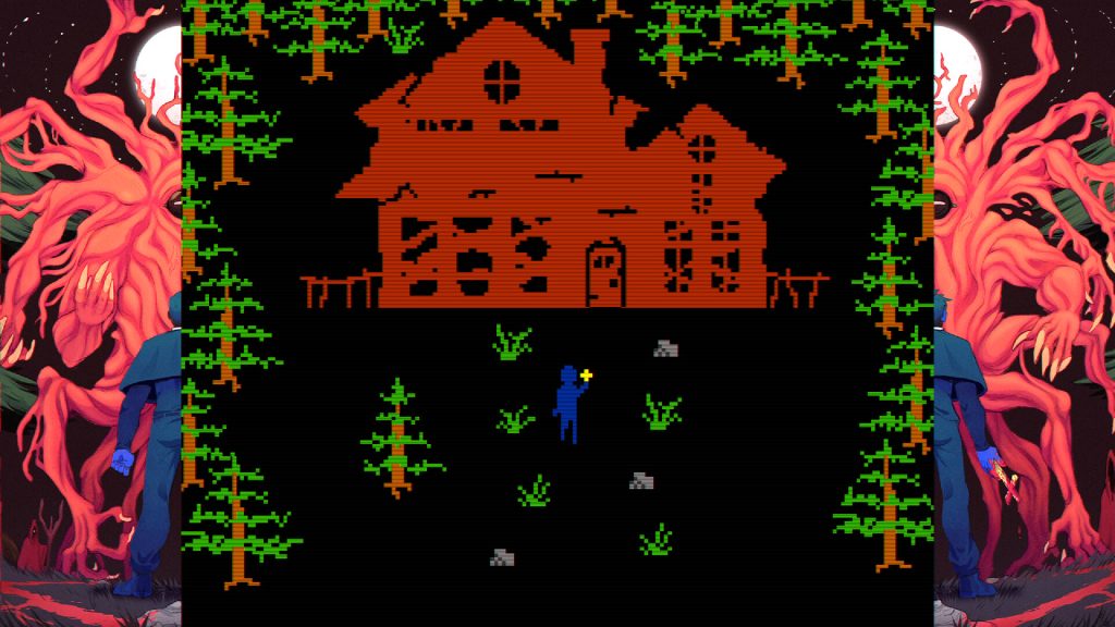 A red dilapidated house sits among the woods with a blue man holding a cross out front of it.