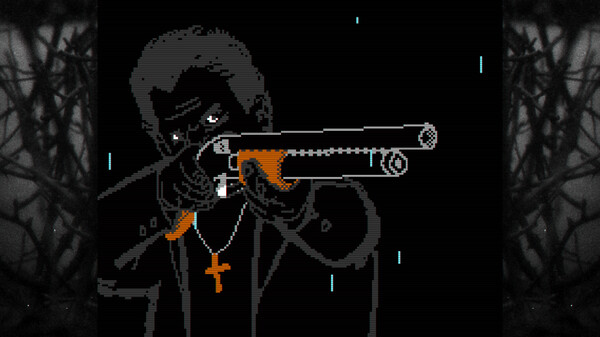 A priest in gray with a brown cross levels a shotgun.