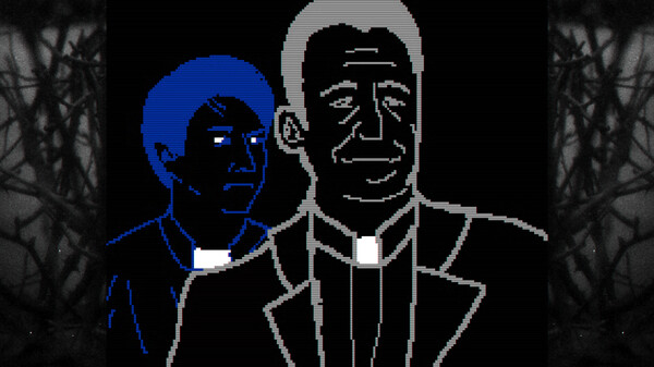 A priest in gray frowns as a priest in blue stands behind him.