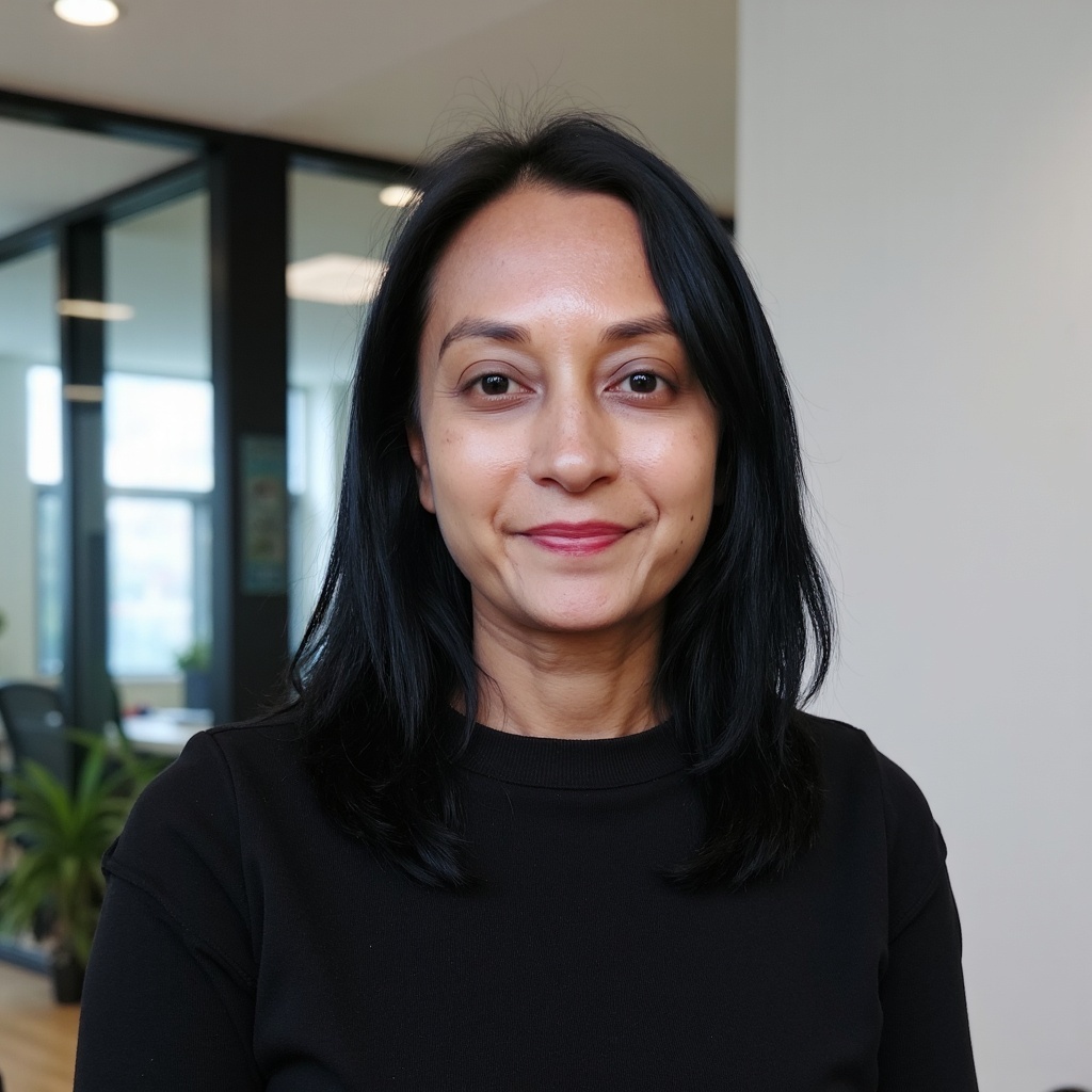 A brown-skinned woman with shoulder-length black hair and wearing a black blouse smiles at the viewer; the background is a windowed office space.