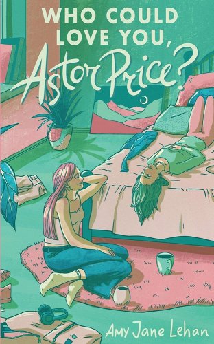 Two female figures sit in the center of the cover, with one laying upside down on a bed while the other sits in front of it.