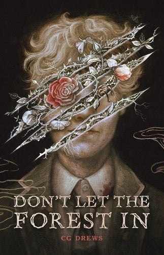 A male figure in a light brown suit faces the viewer as slash marks across their face reveal flowers and thorns beneath their skin.