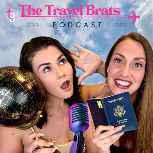 The Travel Brats, Sofia Wardell and partner with a globe, passport, and microphone on a sunny cloudy background.