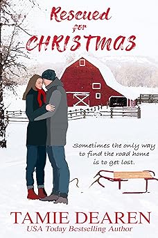 Book cover for Rescued for Christmas by Tamie Dearen. It shows a couple embracing on a snow-covered farm.