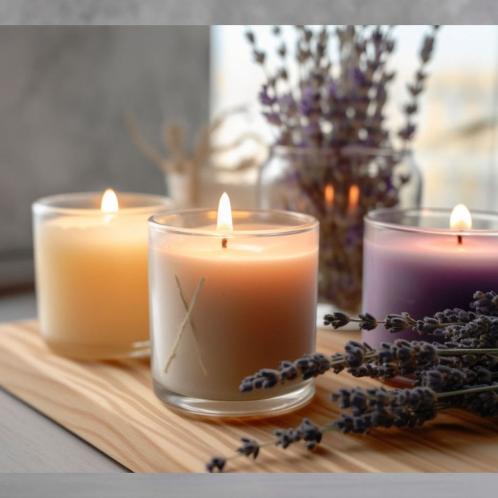 Three lit candles are sitting on a wood table piece with lavender leaves lying by them and in a jar behind them.