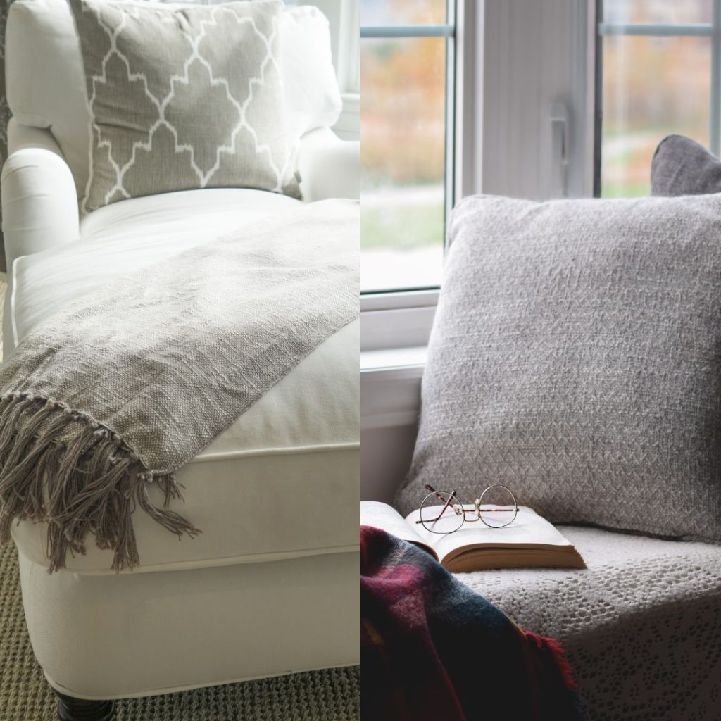 Two couches side by side. One white with a gray and white pillow and a gray blanket draped over the end. One gray with an open book and glasses sitting on it.