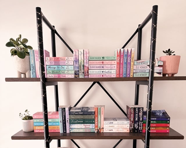 A bookshelf with succulents and books stacked horizontally and vertically.