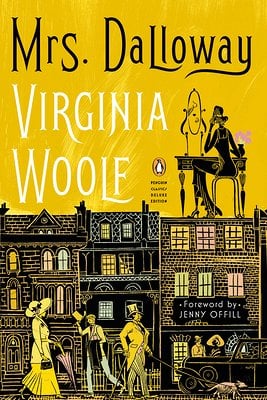 Mrs. Dalloway book cover with three buildings right next to each other and four people going about tasks such as walking or getting ready at a vanity.