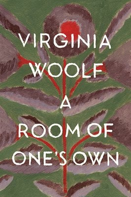 A Room of One's Own book cover with purple leaves on a red stem against a green background.