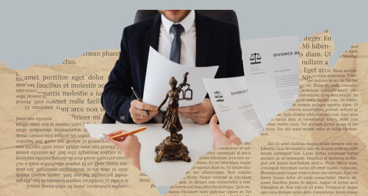 Three lawyers look over paperwork among torn papers.
