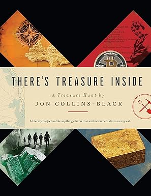 Book cover for There's Treasure Inside: A Treasure Hunt by Jon Collins-Black. It has a black background that shows a big X, like in treasure hunting to mark the spot. There are images, mysterious clues, inside the X