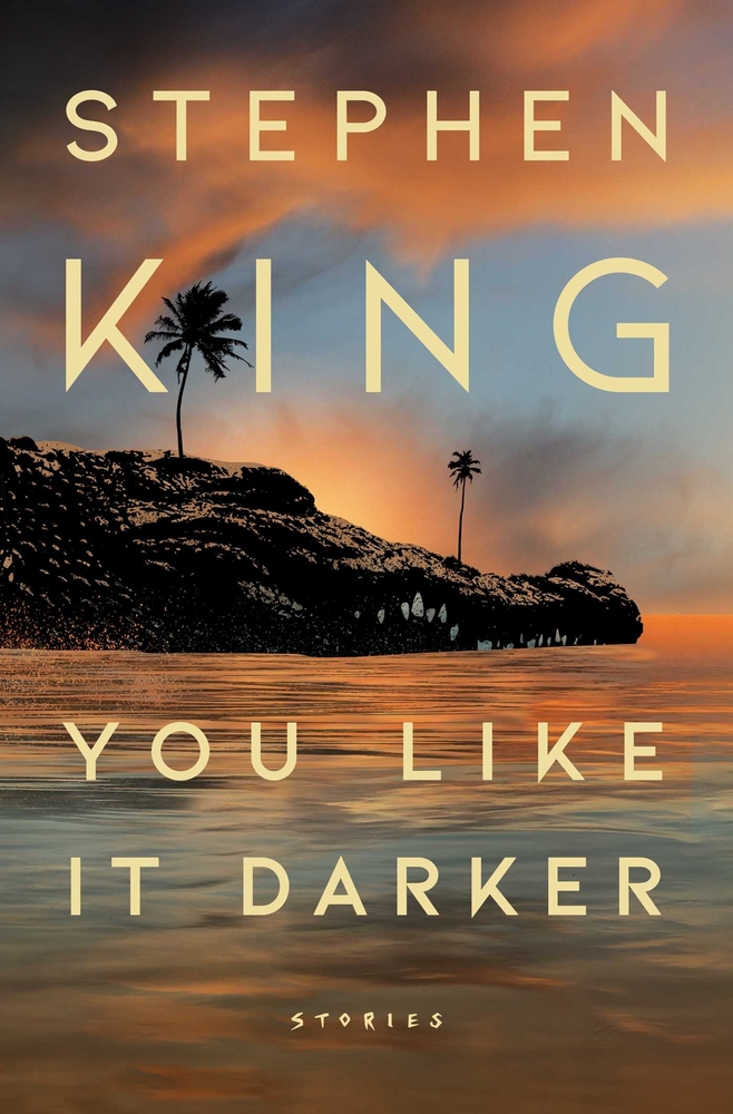 A calm sea is splintered by a croc with palm trees on the cover of You Like It Darker.