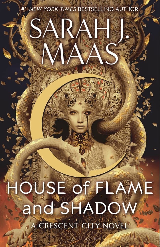A goddess-like woman is wrapped in a snake and a crescent moon on the cover of House of Flame and Shadow.