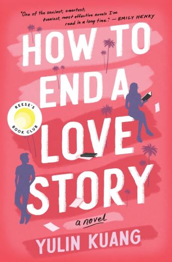 A pink background holds the image of a man looking at a woman who is reading a book on the cover of how to end a love story.