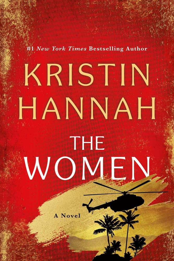 A red background is rubbed gold, revealing a helicopter for the cover of The Women.