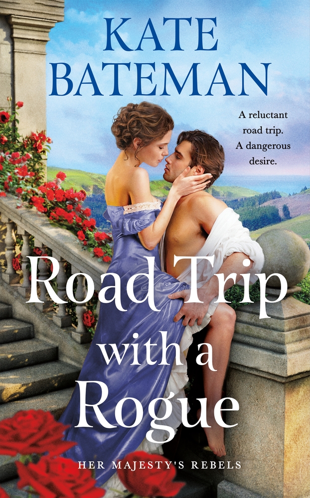 A woman holds a man's face who is partially undressed as they stand together on a stone staircase on the cover of Road Trip with A Rogue.