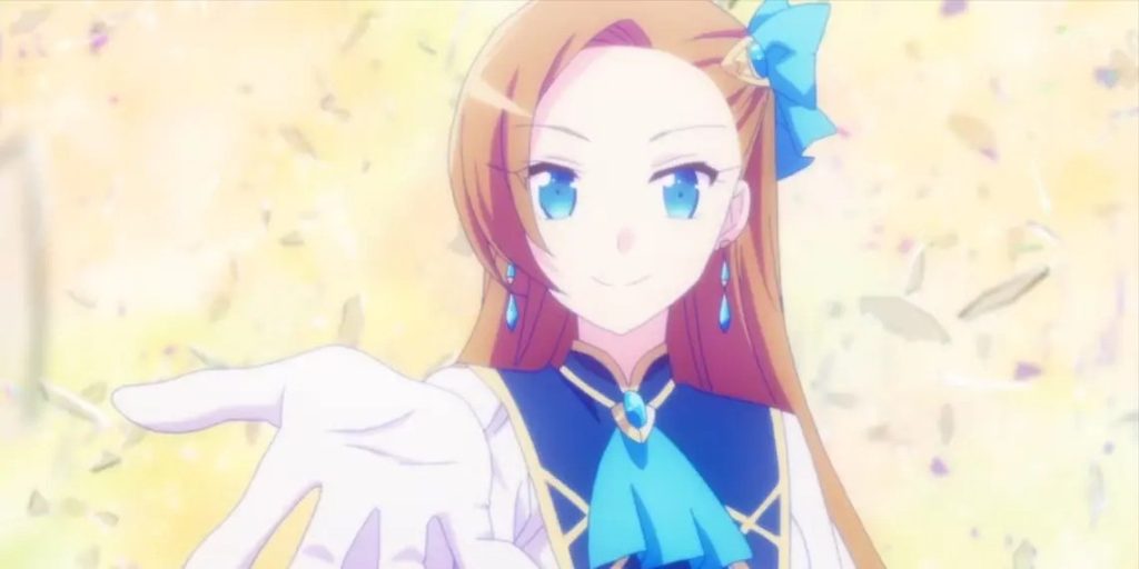 Katarina Claes smiling and holding out her hand with flower petals falling in the background