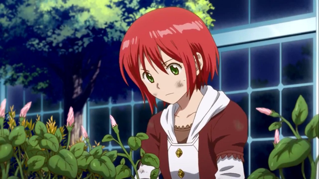 Shirayuki working in the greenhouse with a concentrated expression