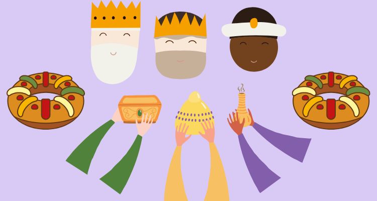 Cartoons of the three kings, their gifts, and las Rosca de Reyes.