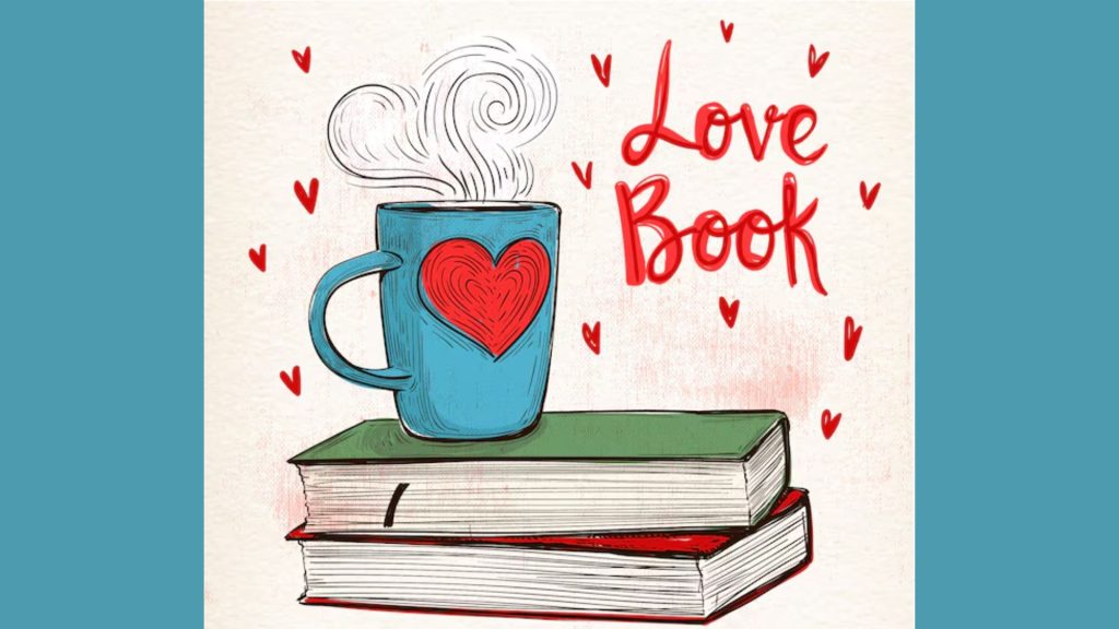 A coffee cup with a love heart rests steaming on a pile of books.