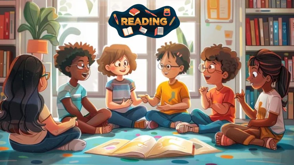 A group of children sitting around a book talking and smiling.
