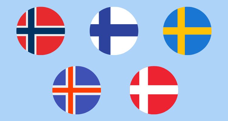 Sweden, Iceland, Finland, Denmark, and Norway flags.