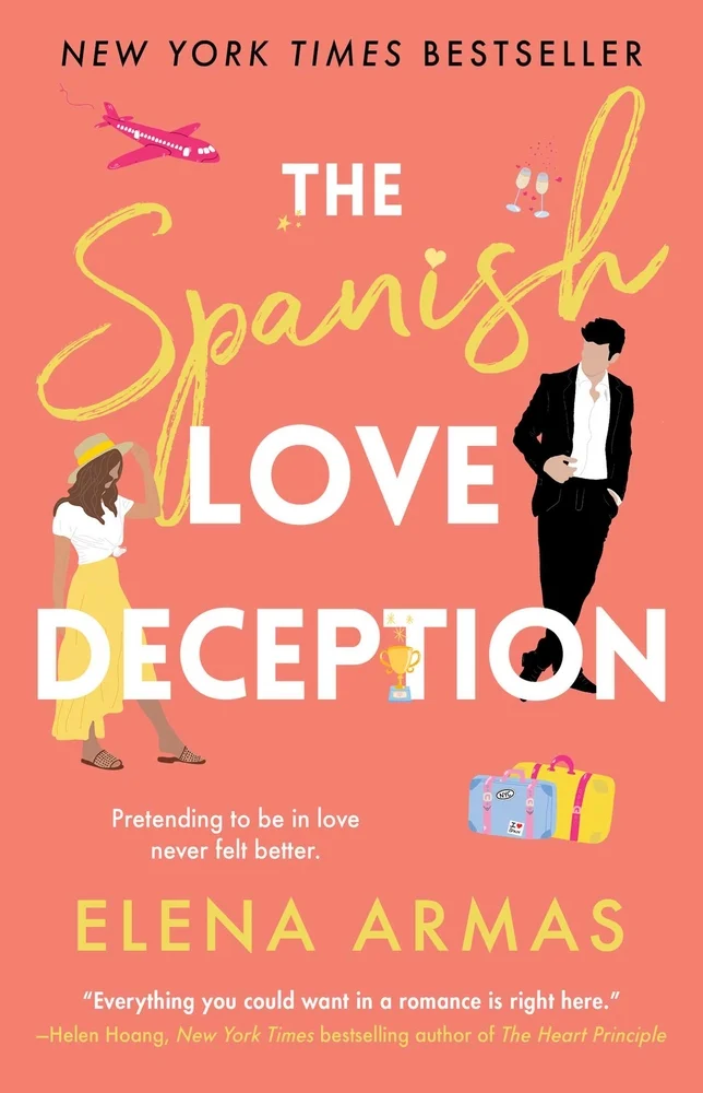 'The Spanish Love Deception' by Elena Armas book cover with a man and woman looking at each other with a plane and luggage in the background