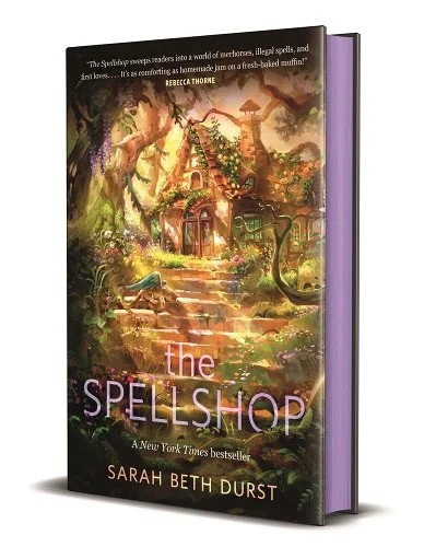 'The Spellshop' by Sarah Beth Durst book cover showing steps leading up to a small vottage surrounded by trees, vines, and other foliage
