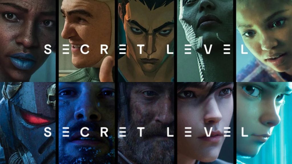 A collage of different videogame adaptations for Secret Level, from SIfu to Megaman, Warhammer and Outer Worlds. The words Secret Level stand out in front of the snapshot images of 10 frames.