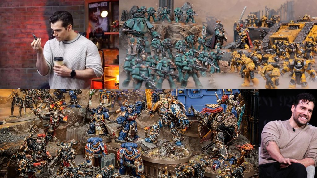 Warhammer miniatures from the tabletop game are painted and positioned for battle. Henry Cavil fans over the collectibles by observing them and happily engaging in discussion about it.