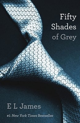 Fifty Shades of Grey by E. L. James book cover showing a monochrome tie against a dark background.