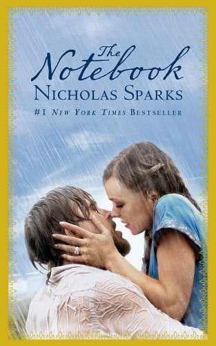 The Notebook by Nicholas Sparks book cover with a couple about to kiss in the rain.