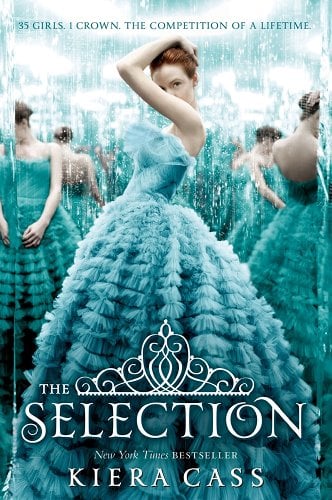 The Selection by Kiera Cass book cover showing several young women in ruffly blue dresses with one front and center, covering part of her face with her arm.