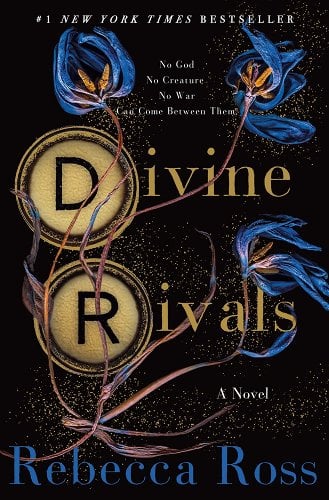 'Divine Rivals' by Rebecca Ross book cover with blue flowers blooming and spreading pollen across the page.