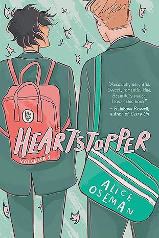 'Heartstopper' by Alice Oseman book cover with two boys chatting and standing very close together