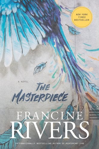 'The Masterpiece' by Francine Rivers book cover showing what looks like a painting of the bottom half of a large blue bird