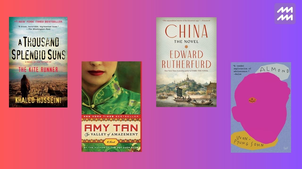 A Thousand Splendid Suns by Khaled Hosseini, The Valley of Amazement by Amy Tan, China: The Novel by Edward Rutherford, and Almond: A Novel by Won-pyung Sohn romance book covers amongst a pink and purple background with an aquarius symbol in the right hand corner.