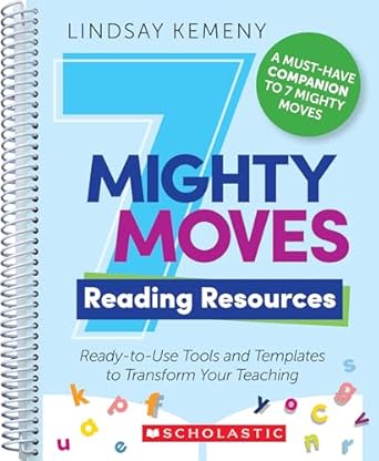 '7 Mighty Moves: Reading Resources' book cover with letters scattered at the bottom against a light blue background