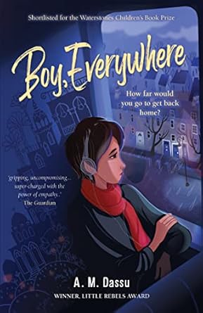 'Boy, Everywhere' book cover showing a young boy with headphones on looking sadly outside at the rain.